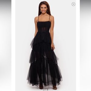 Betsy & Adam Navy Blue Tulle Tiered Ruffle Gown
